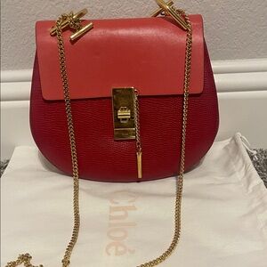 Chloe Red and Pink Crossbody Bag with Gold Chain